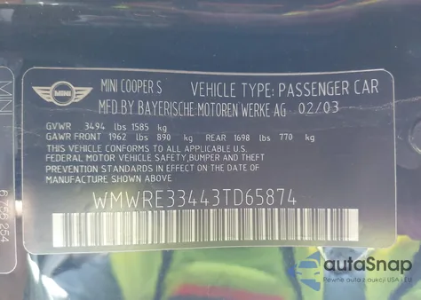 2003 Mini Cooper S from USA, damaged, VIN WMWRE33443TD65874